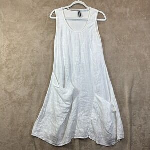 ONZ Tank Dress Womens M White Tank Linen Blend Lagenlook Boxy Pockets Relaxed
